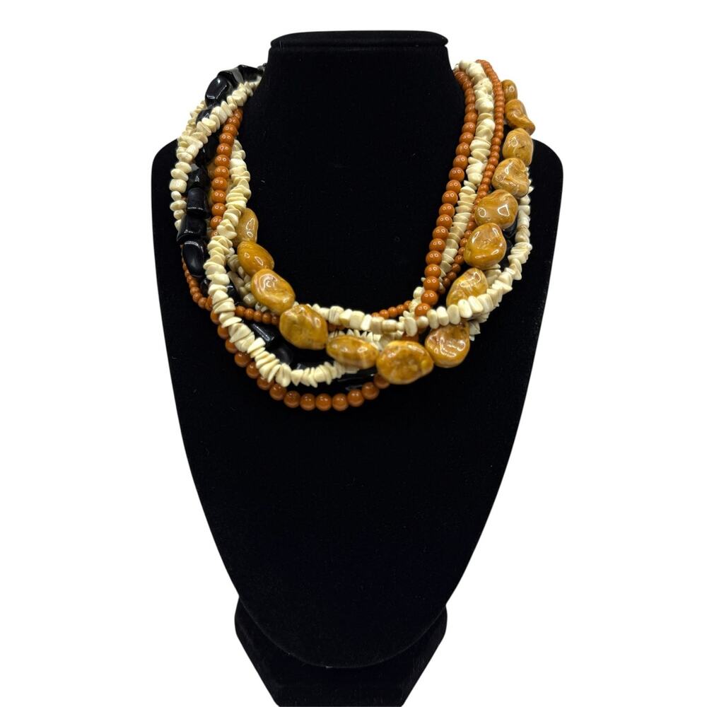 Boho Chunky Multi-Strand Acrylic Beaded Necklace Terracotta Black Jewelry 16in